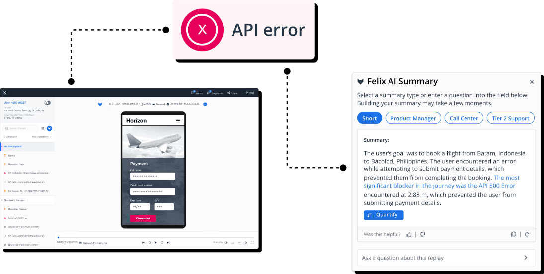 Get to the key points of any user session with Felix AI.